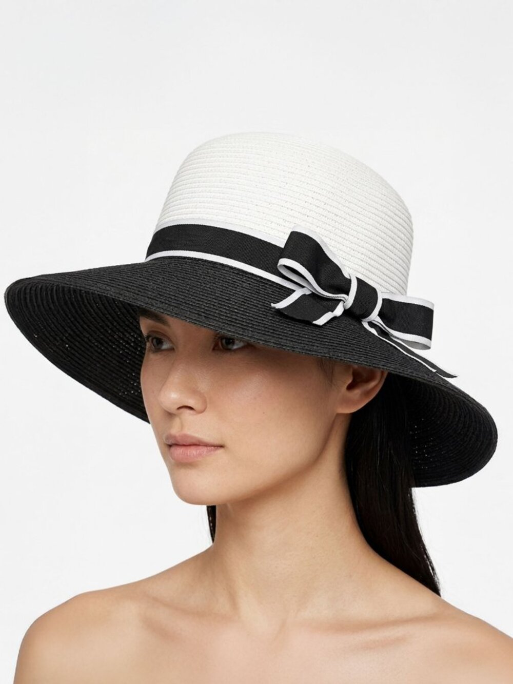 Large Wide Brim Sun Hat Black White Straw Ribbon Beach Wedding Party